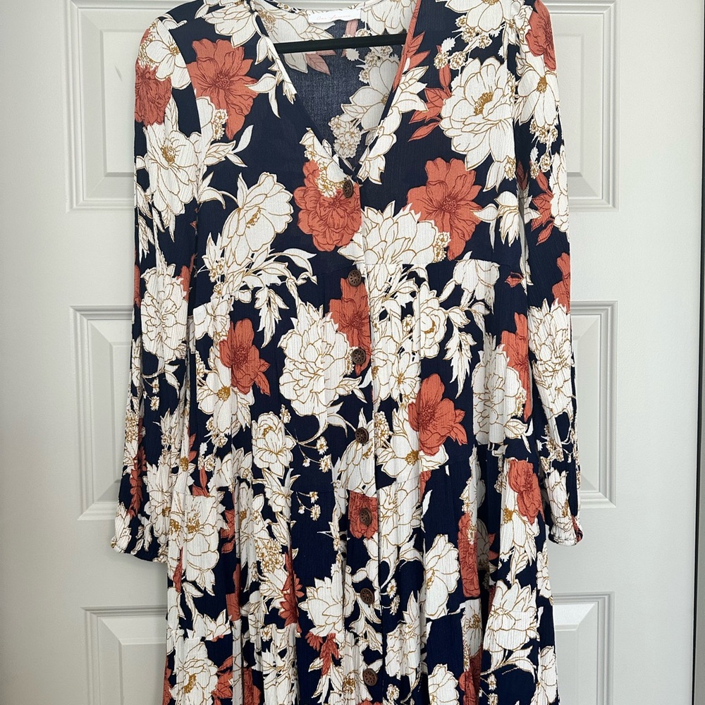 Floral V-Neck Dress - Navy and Rust